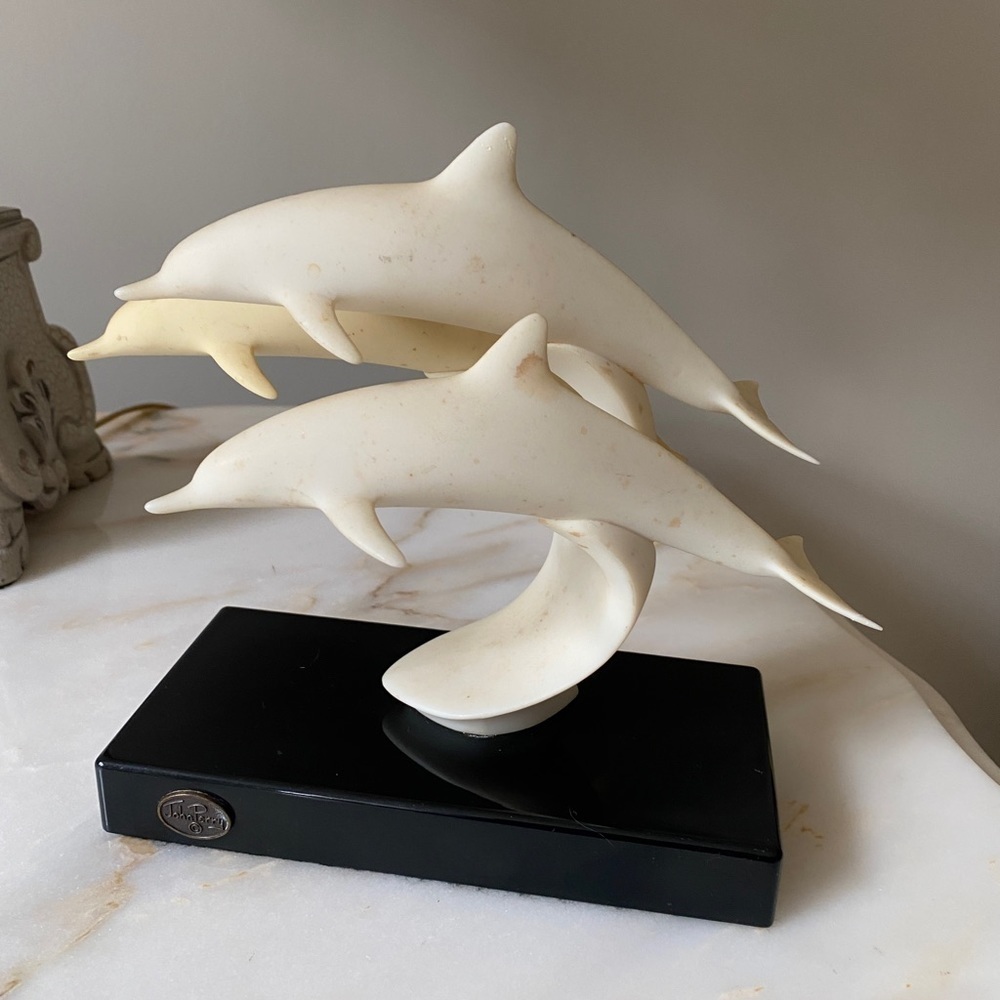 Vintage John Perry Sculpture Figurine Three White Leaping Dolphins w/Black Base
